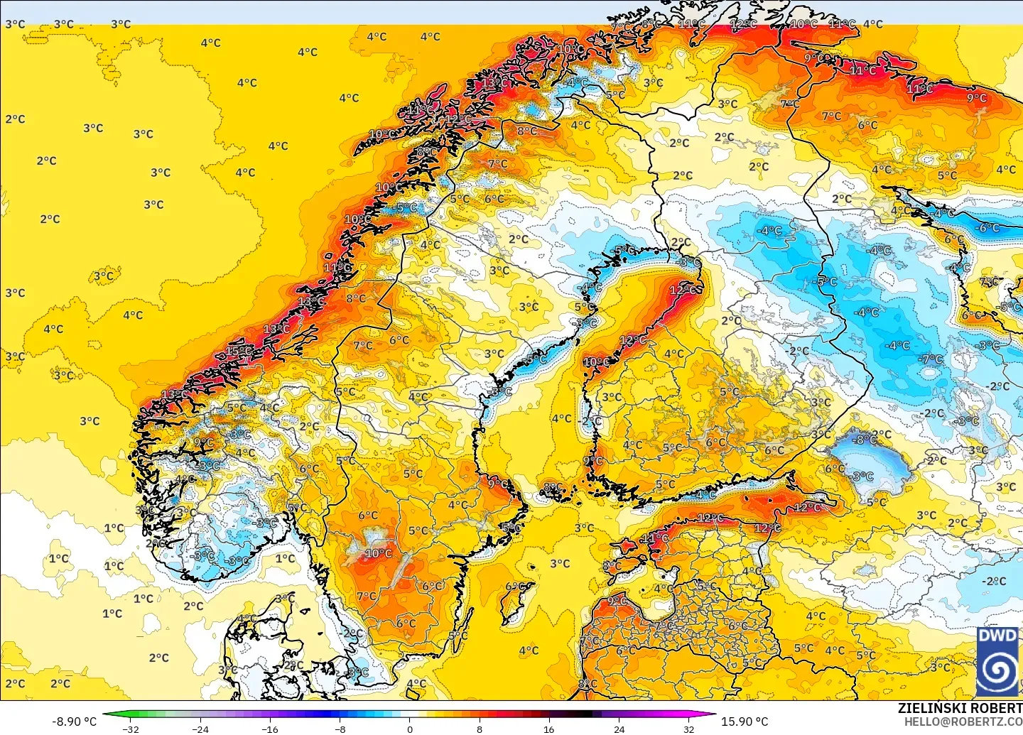 ICON modelo - Escandinavia, Anomalía de temperatura a 2 m