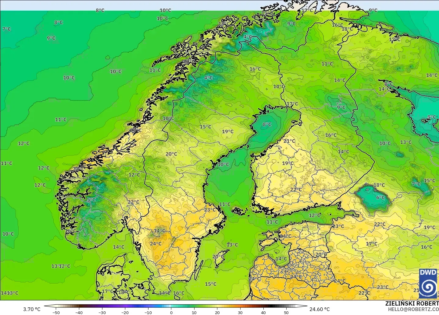 ICON modelo - Escandinavia, Temperatura a 2 m
