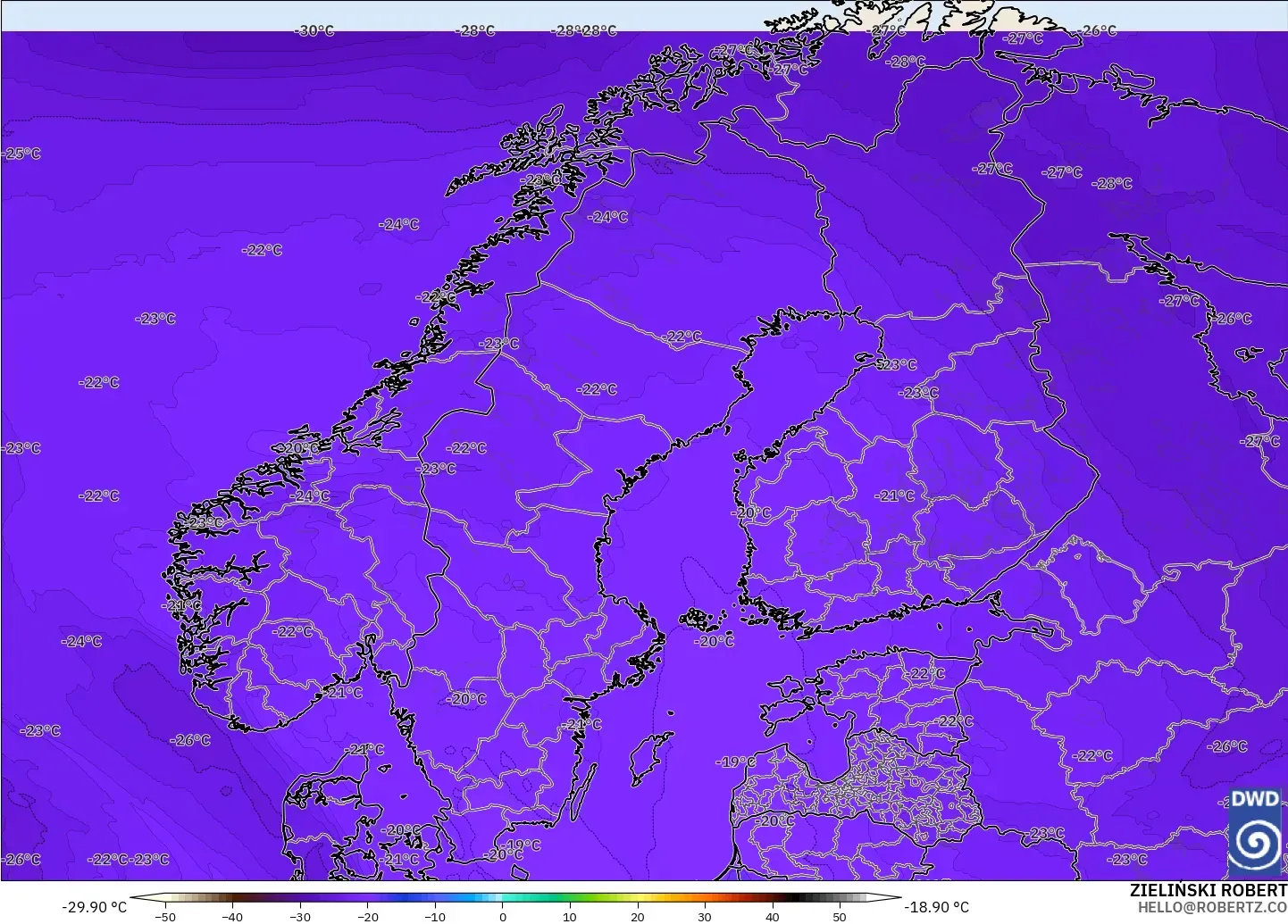 ICON modelo - Escandinavia, Temperatura a 500 hPa