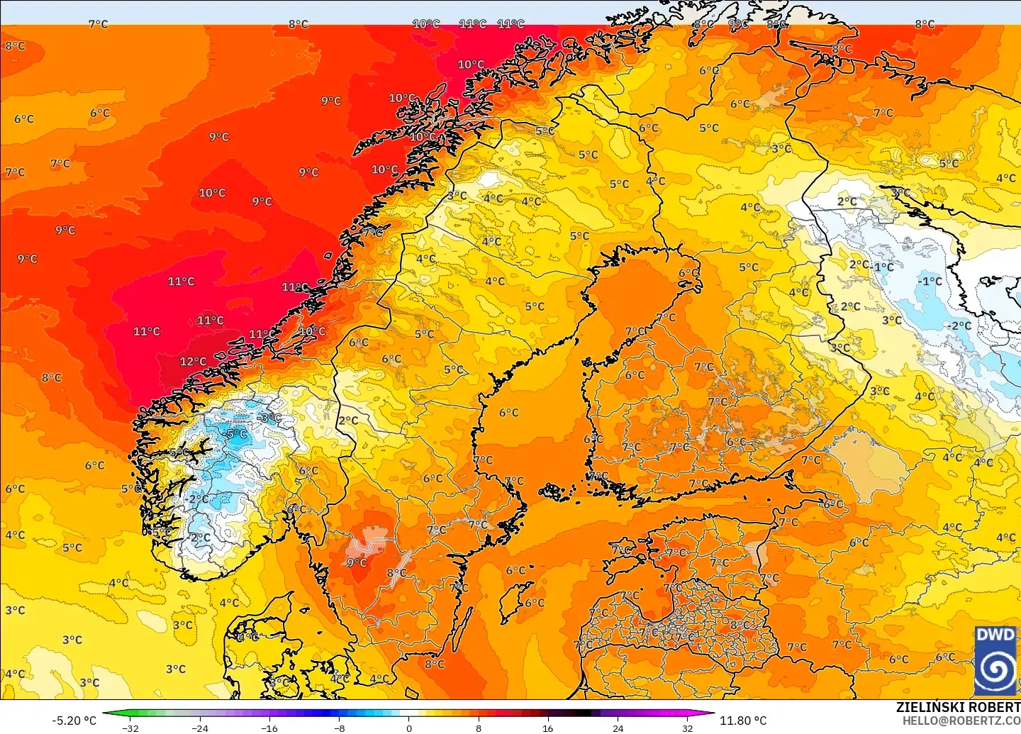 ICON modelo - Escandinavia, Anomalía de temperatura a 850 hPa