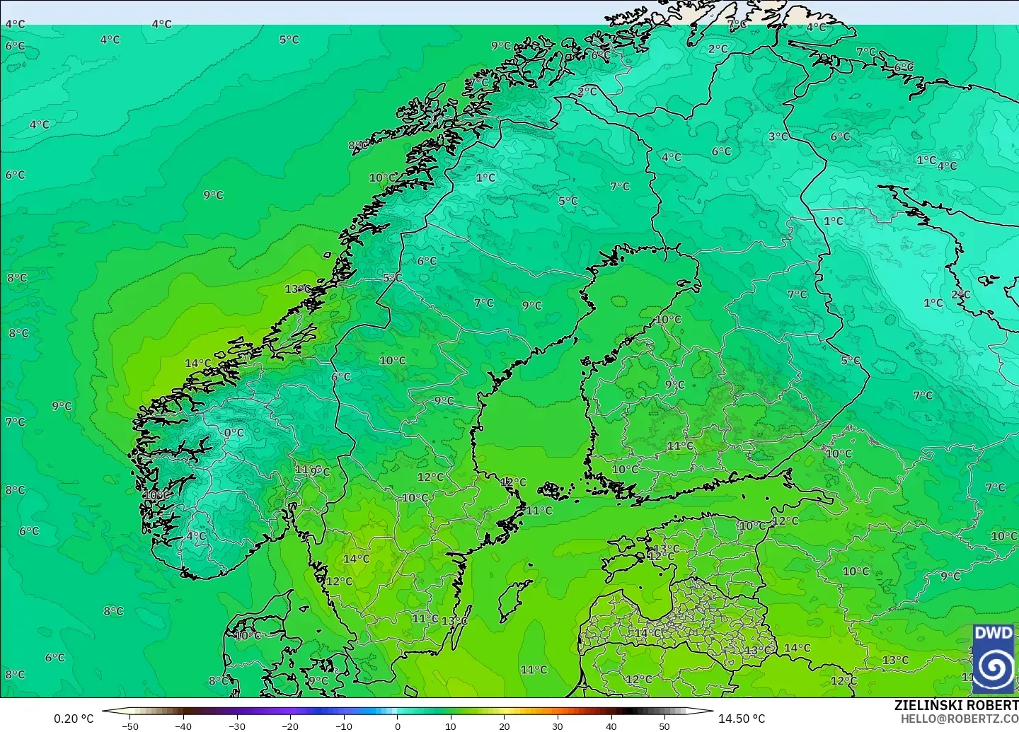 ICON modelo - Escandinavia, Temperatura a 850 hPa