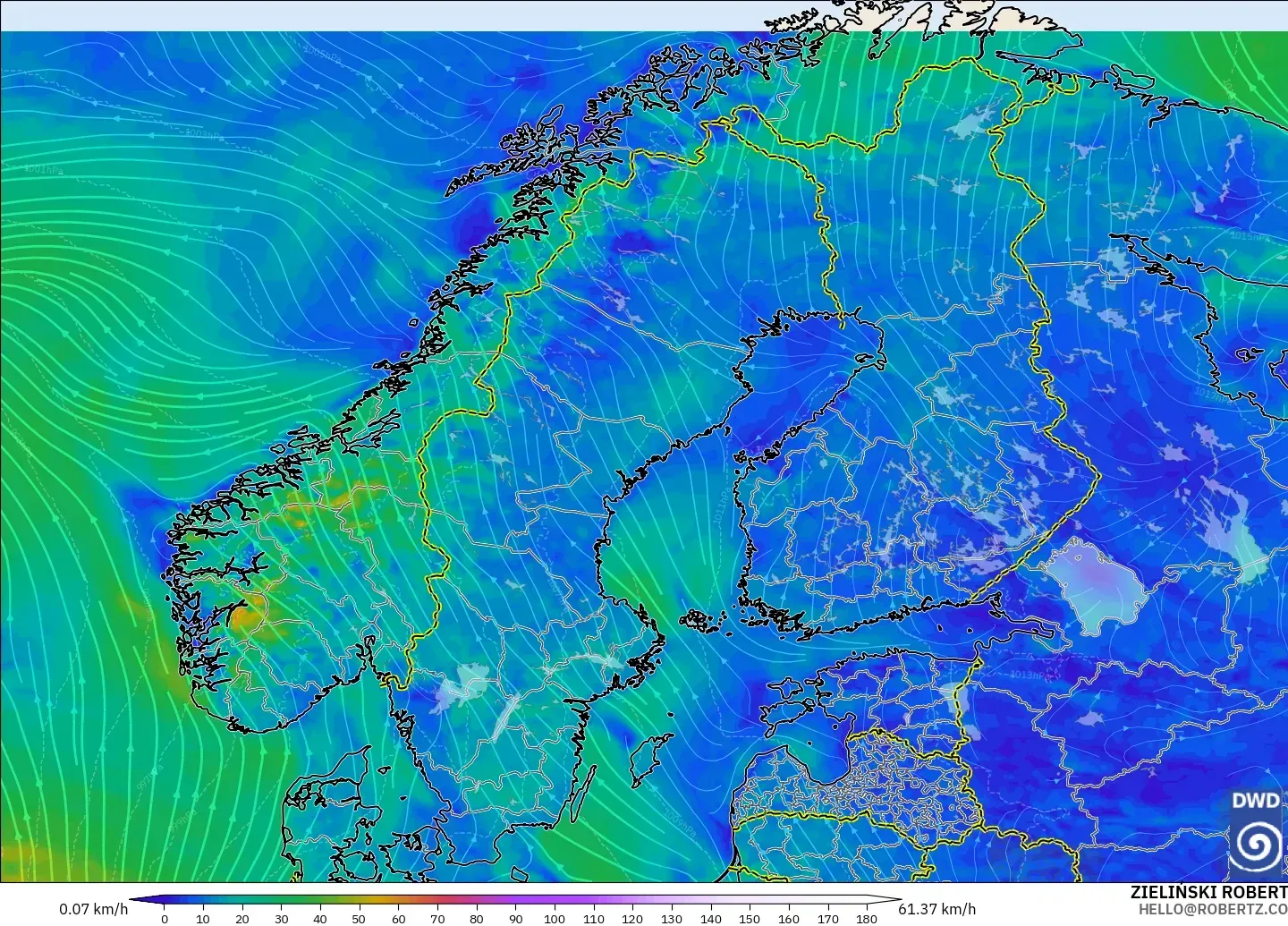 ICON modelo - Escandinavia, Viento a 10 m