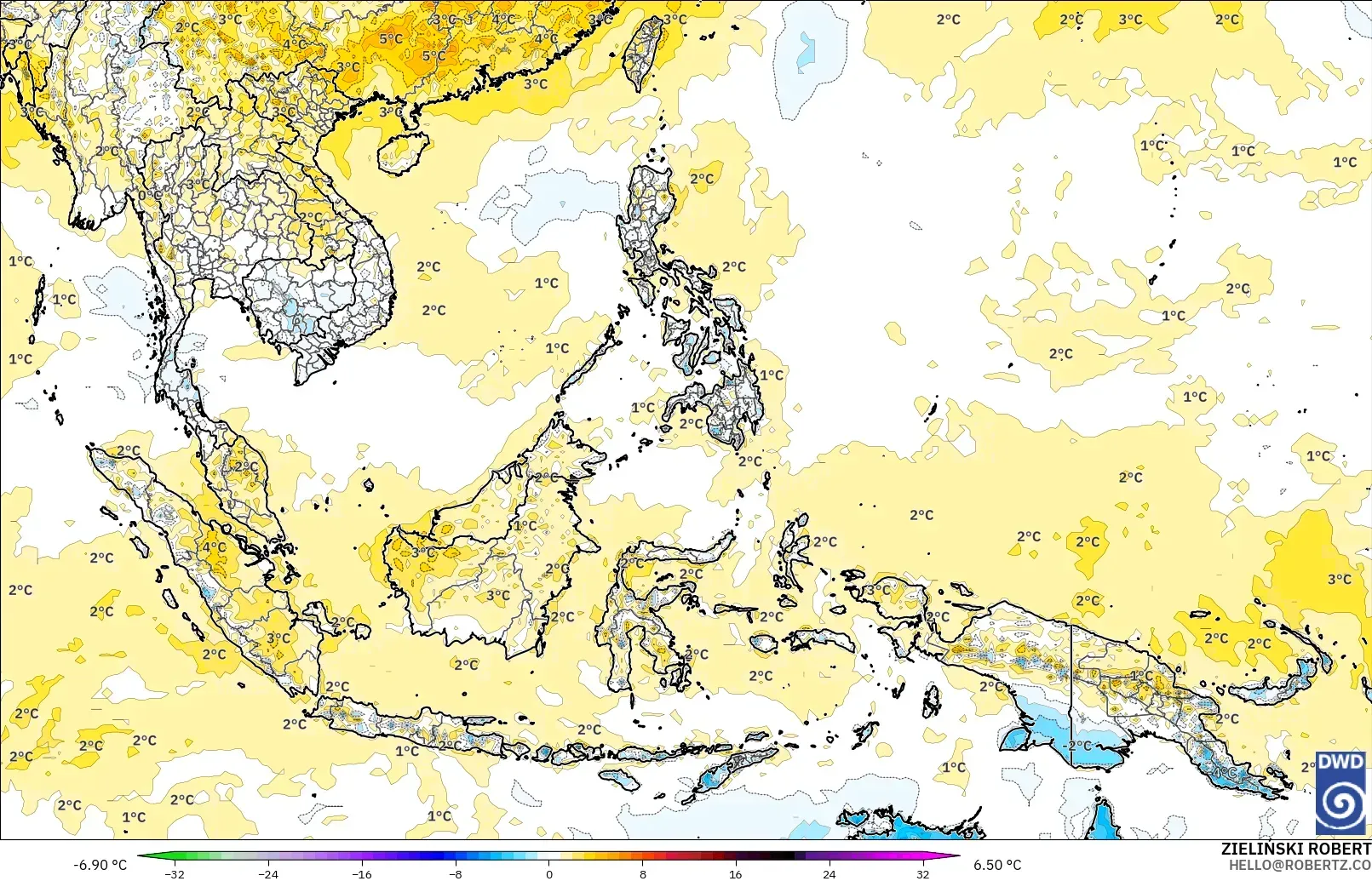 ICON modelo - Sudeste Asiático, Anomalía de temperatura a 2 m