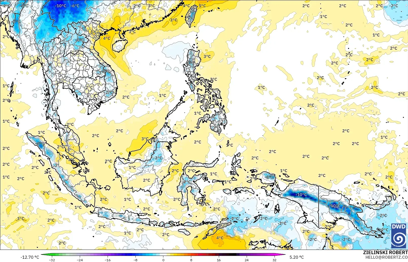 ICON modelo - Sudeste Asiático, Anomalía de temperatura a 850 hPa