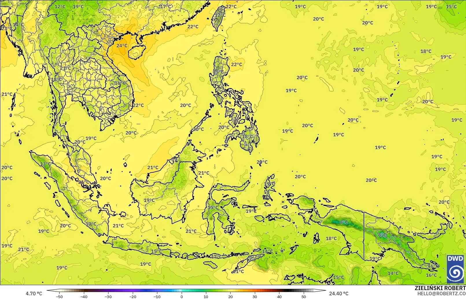 ICON modelo - Sudeste Asiático, Temperatura a 850 hPa