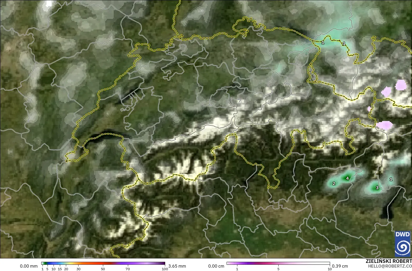ICON modelo - Suiza, Precipitación, nubes y presión