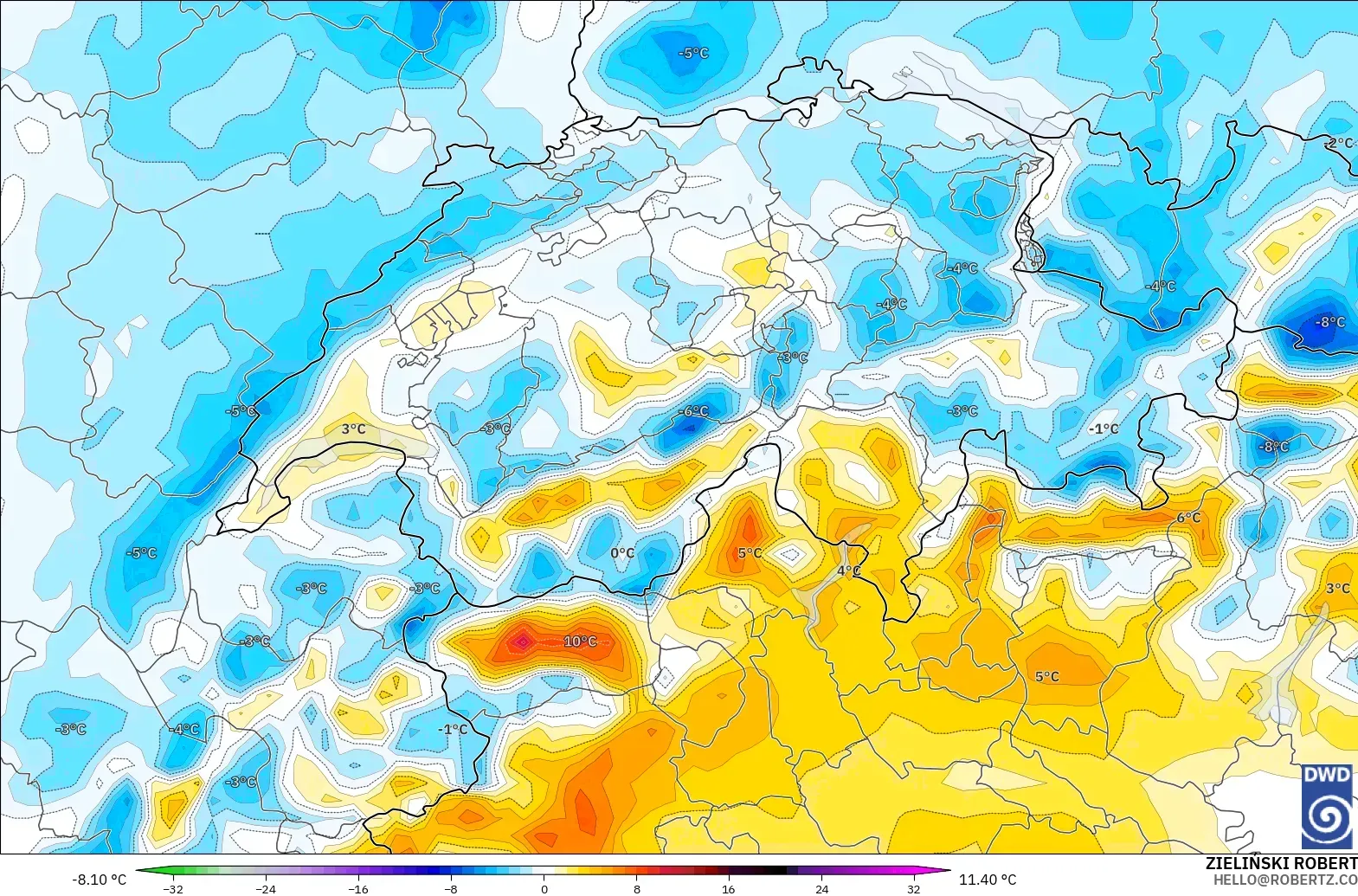ICON modelo - Suiza, Anomalía de temperatura a 2 m