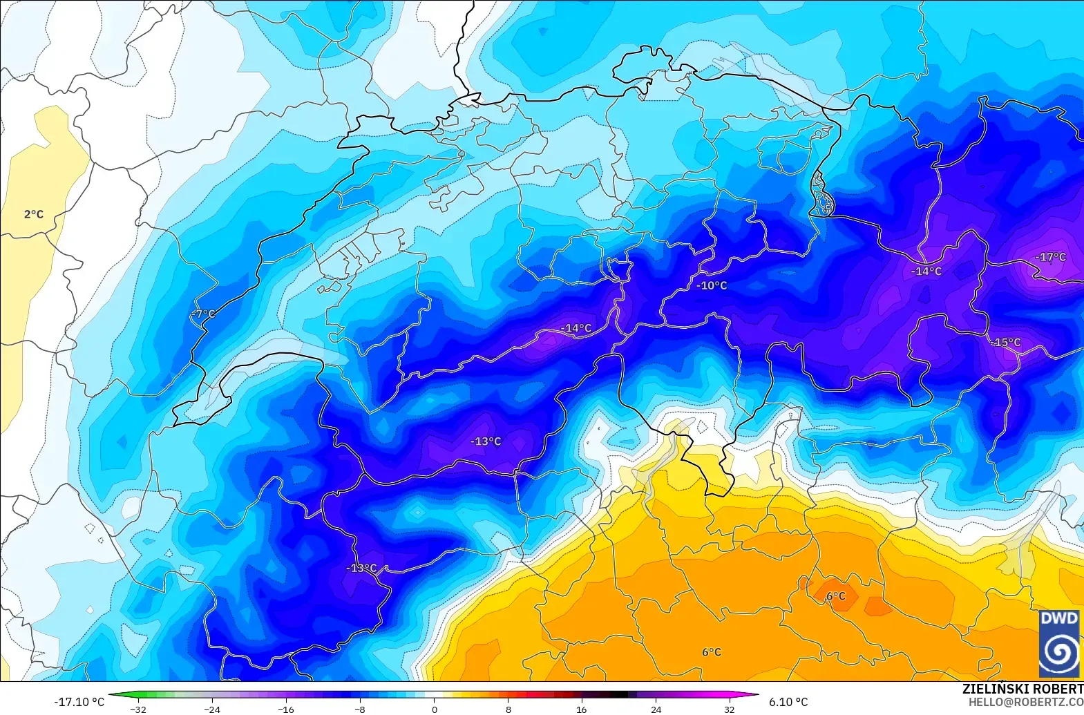ICON modelo - Suiza, Anomalía de temperatura a 850 hPa