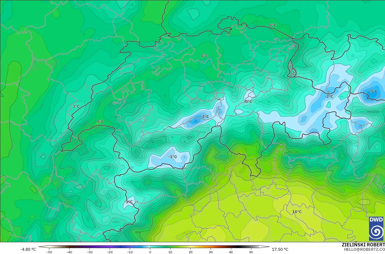 ICON modelo - Suiza, Temperatura a 850 hPa