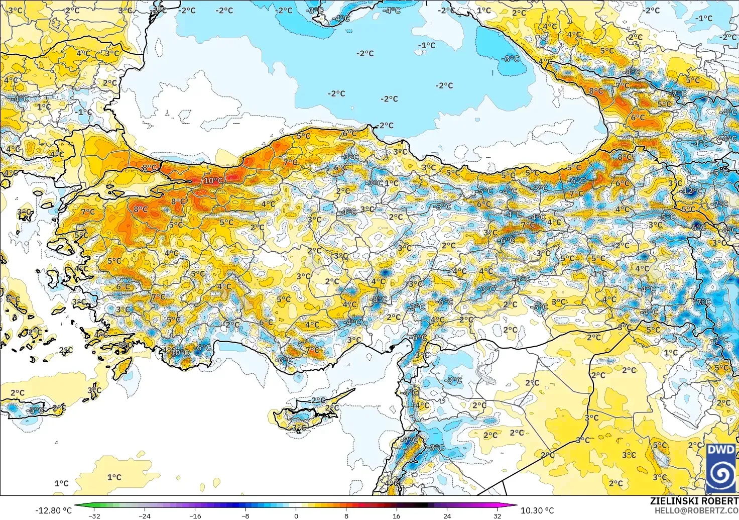 ICON modelo - Turquía, Anomalía de temperatura a 2 m