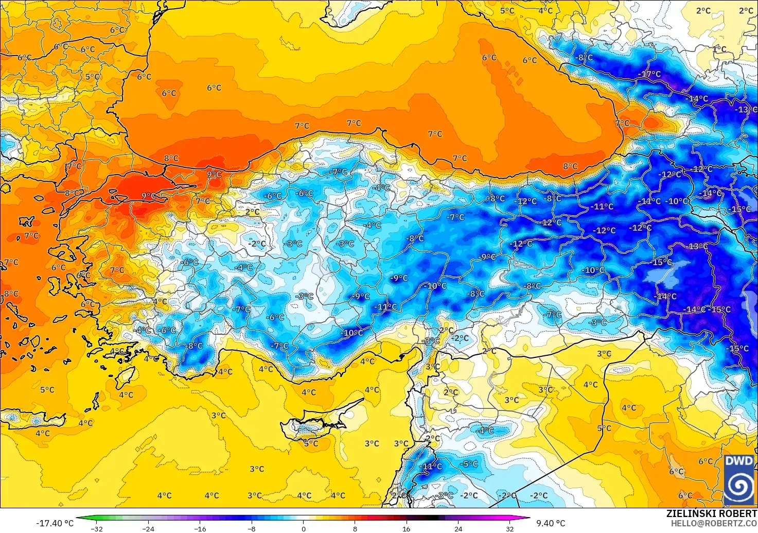 ICON modelo - Turquía, Anomalía de temperatura a 850 hPa