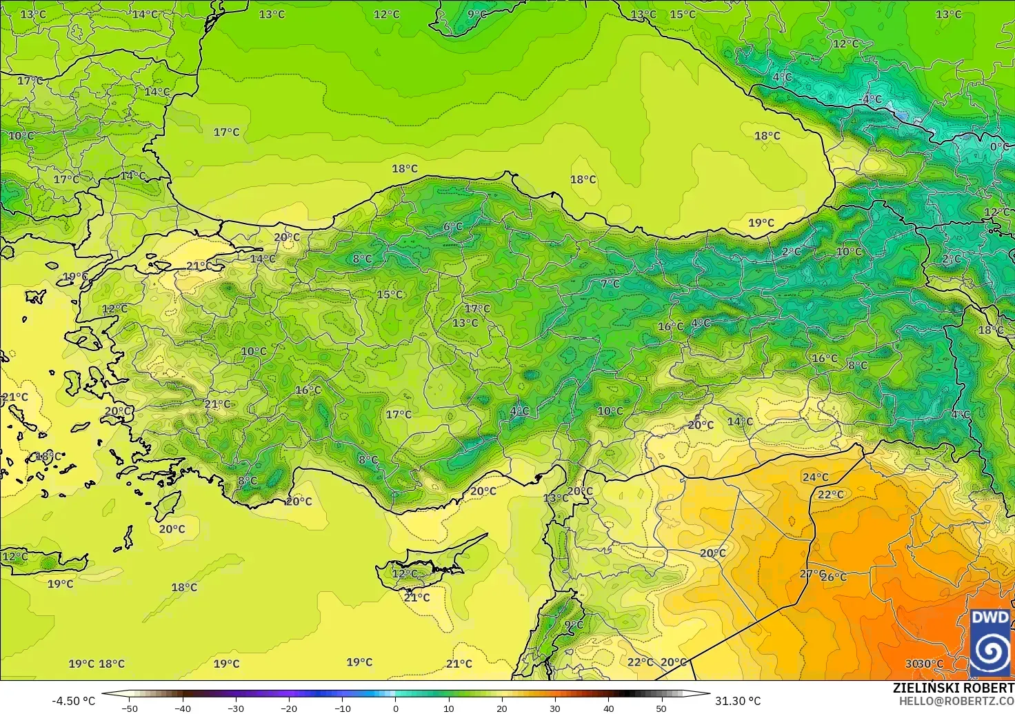 ICON modelo - Turquía, Temperatura a 850 hPa