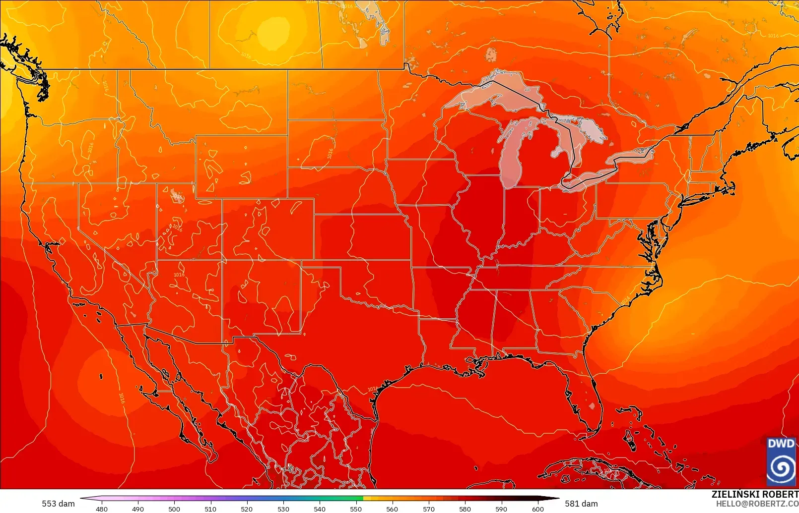 ICON modelo - Estados Unidos, Altura geopotencial a 500 hPa