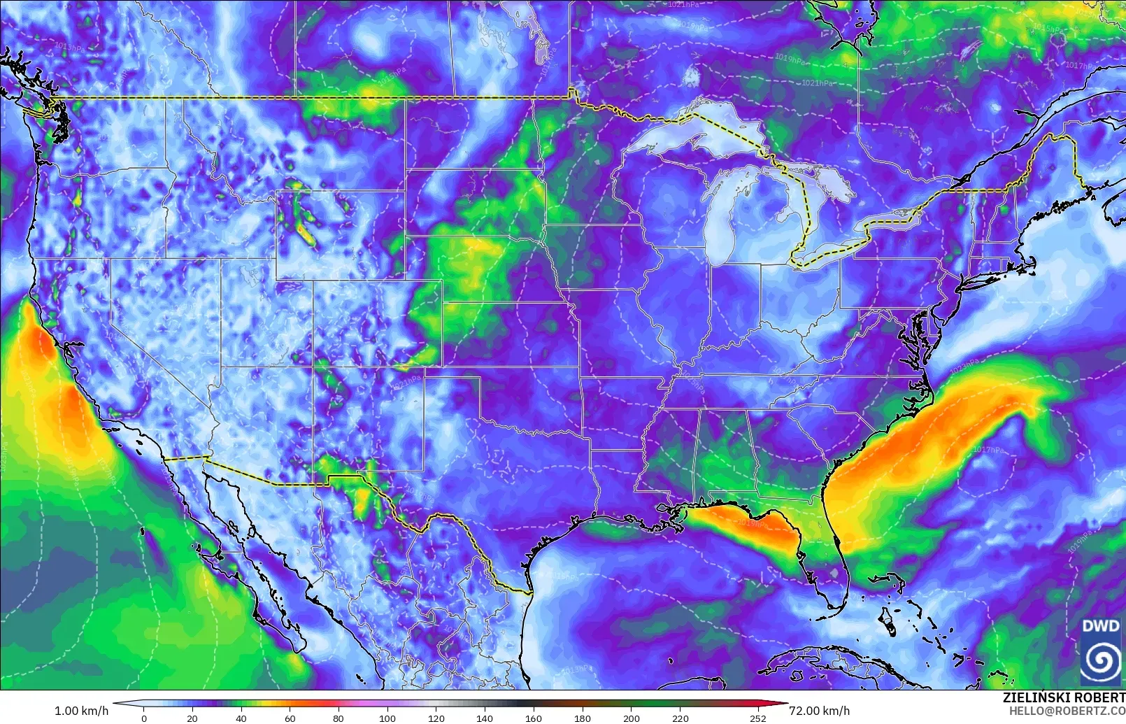 ICON modelo - Estados Unidos, Ráfagas de Viento Máximas
