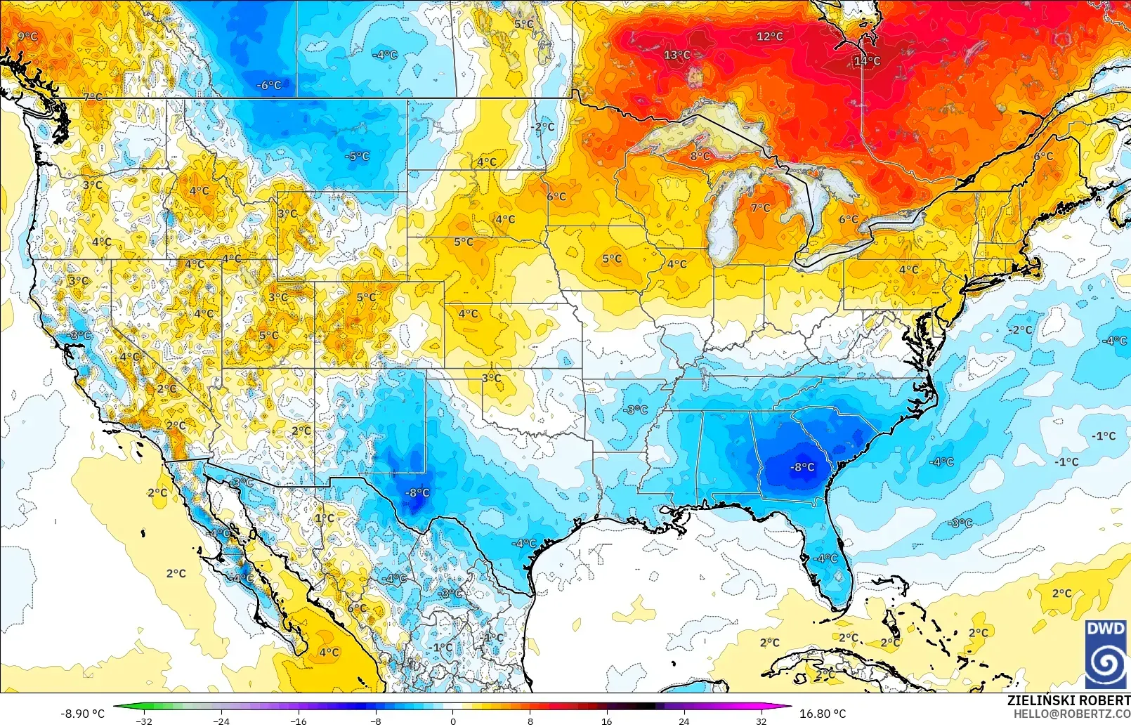 ICON modelo - Estados Unidos, Anomalía de temperatura a 2 m