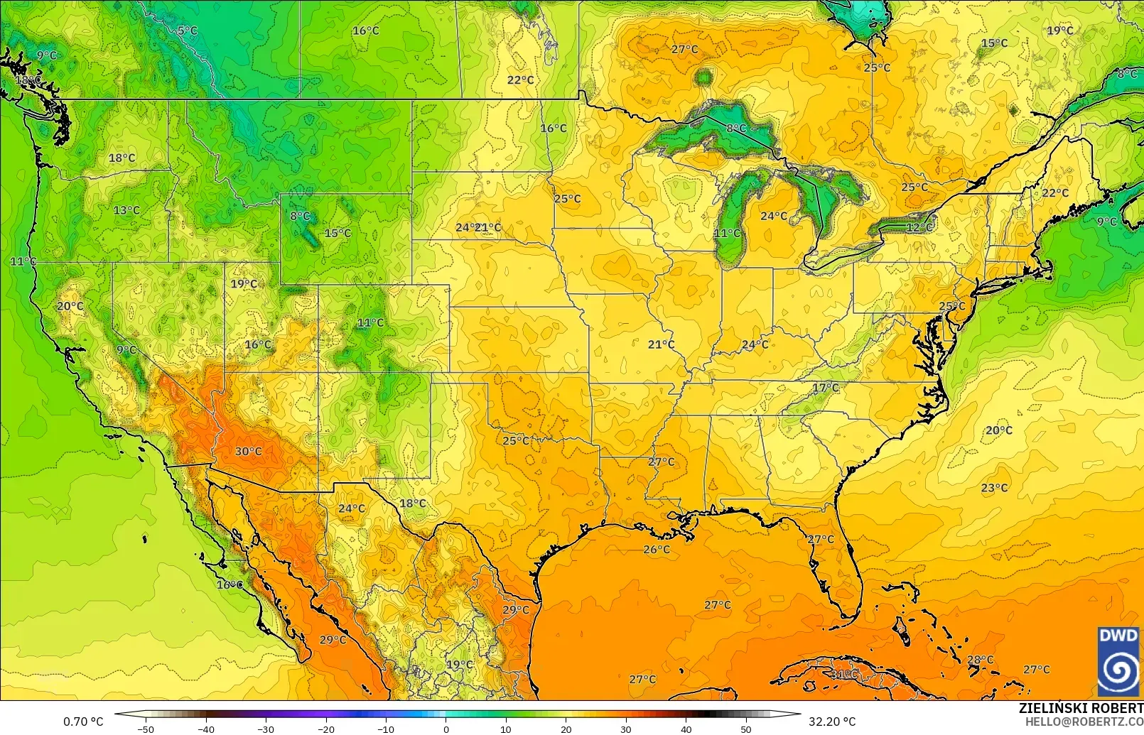ICON modelo - Estados Unidos, Temperatura a 2 m