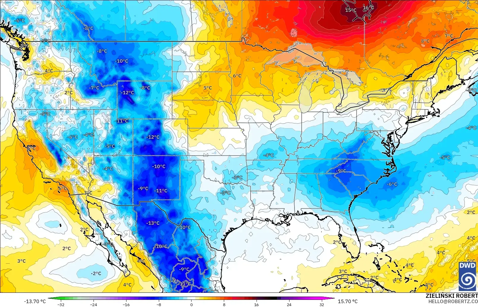 ICON modelo - Estados Unidos, Anomalía de temperatura a 850 hPa