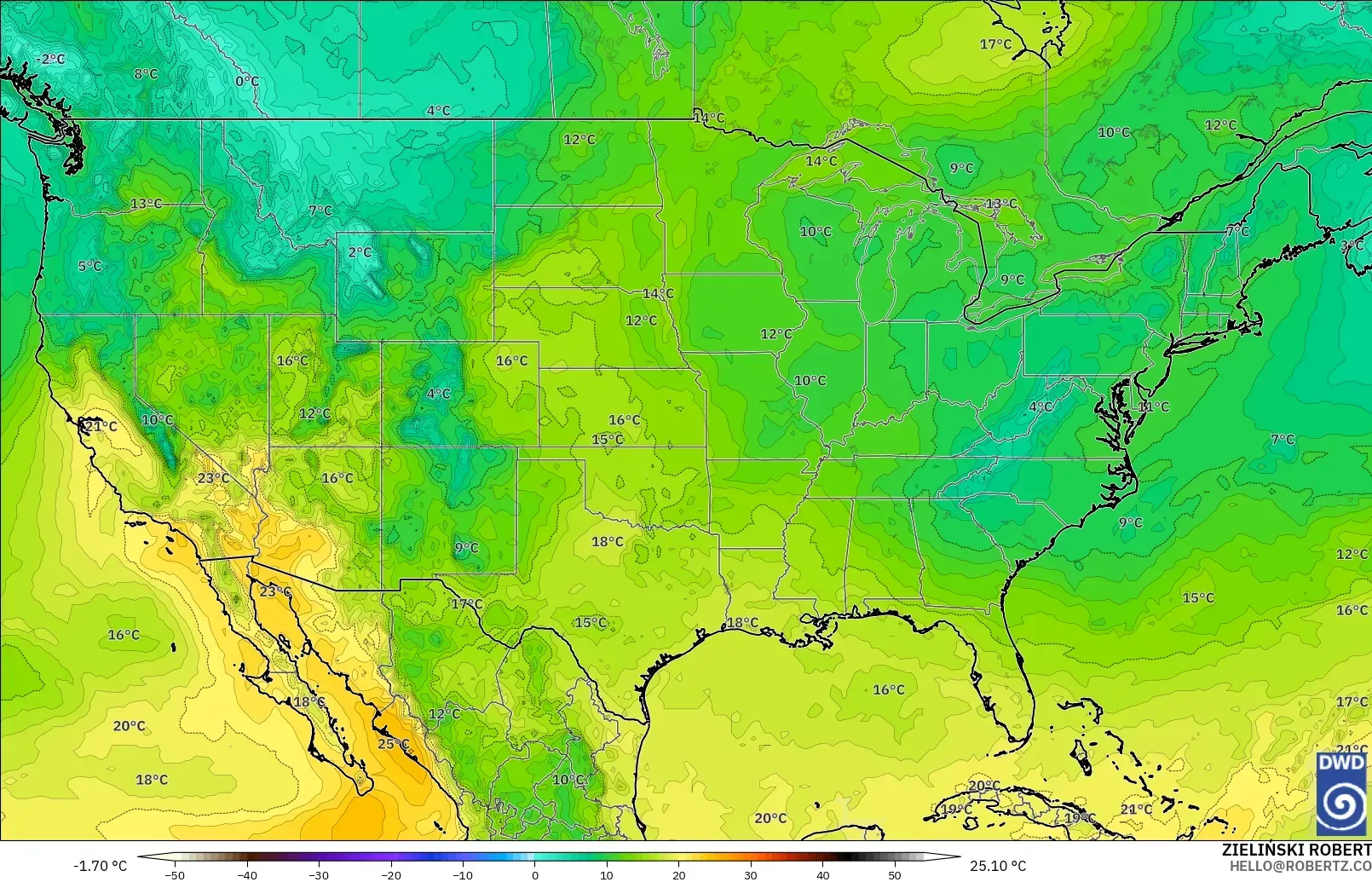 ICON modelo - Estados Unidos, Temperatura a 850 hPa