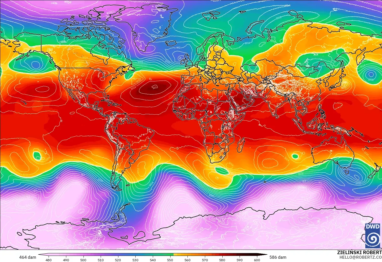ICON modelo - Mundo, Altura geopotencial a 500 hPa