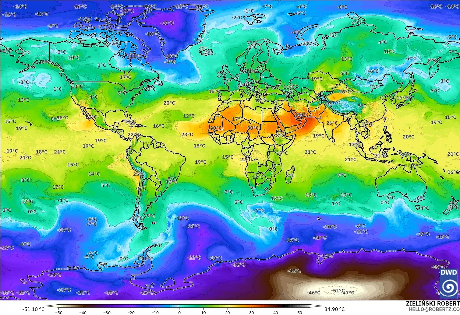 ICON modelo - Mundo, Temperatura a 850 hPa
