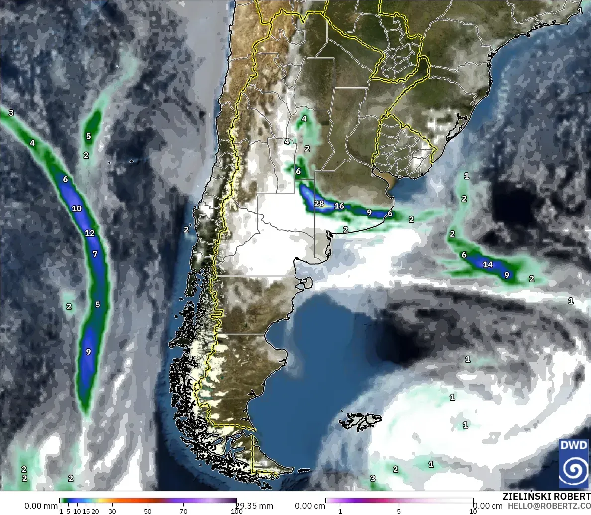 ICON modelo - Argentina, Precipitación, nubes y presión