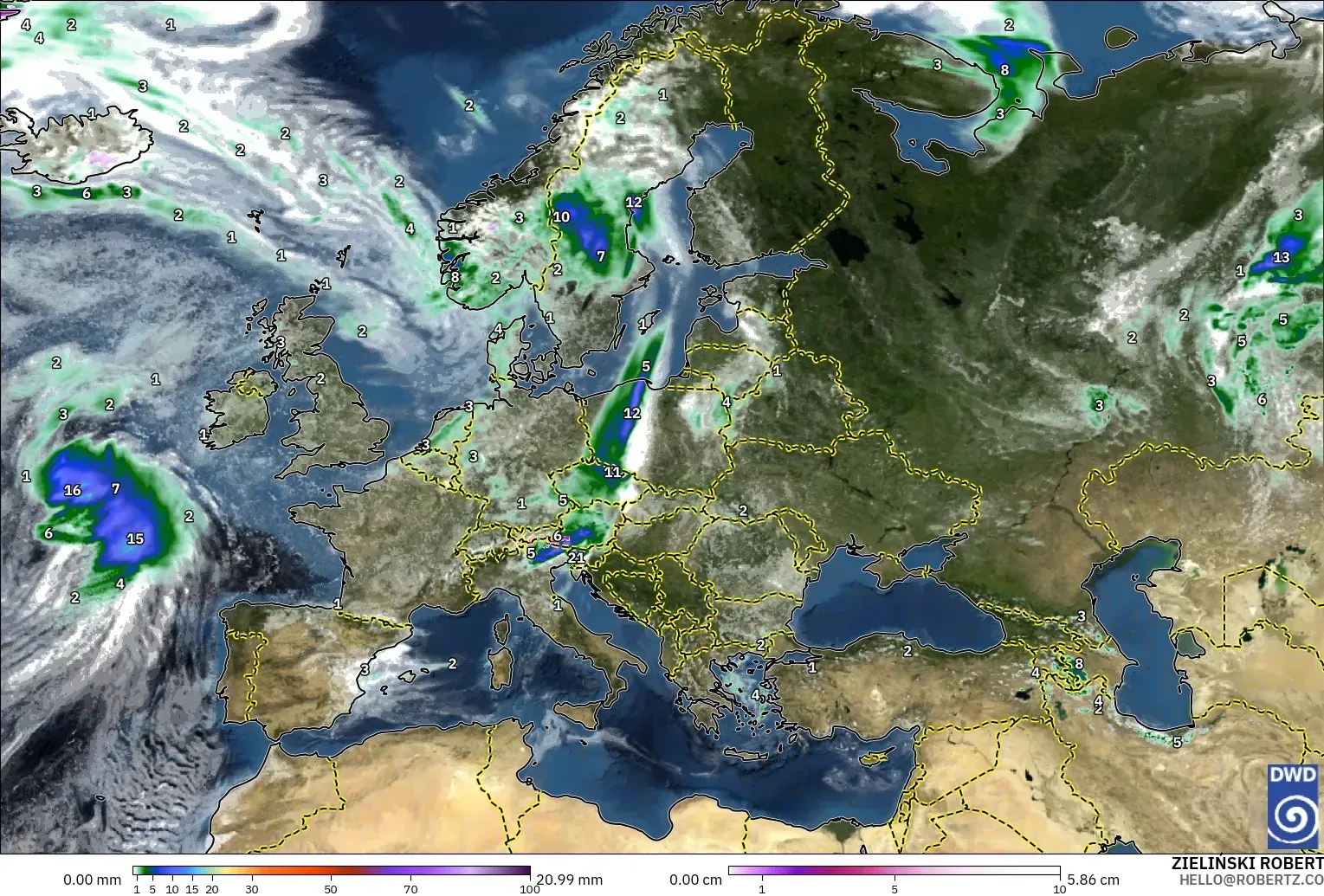 ICON modelo - Europa, Precipitación, nubes y presión