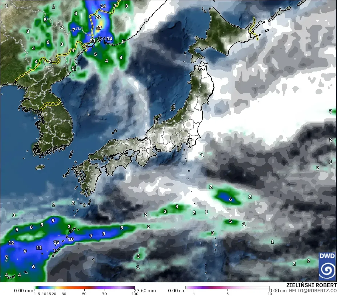 ICON modelo - Japón, Precipitación, nubes y presión