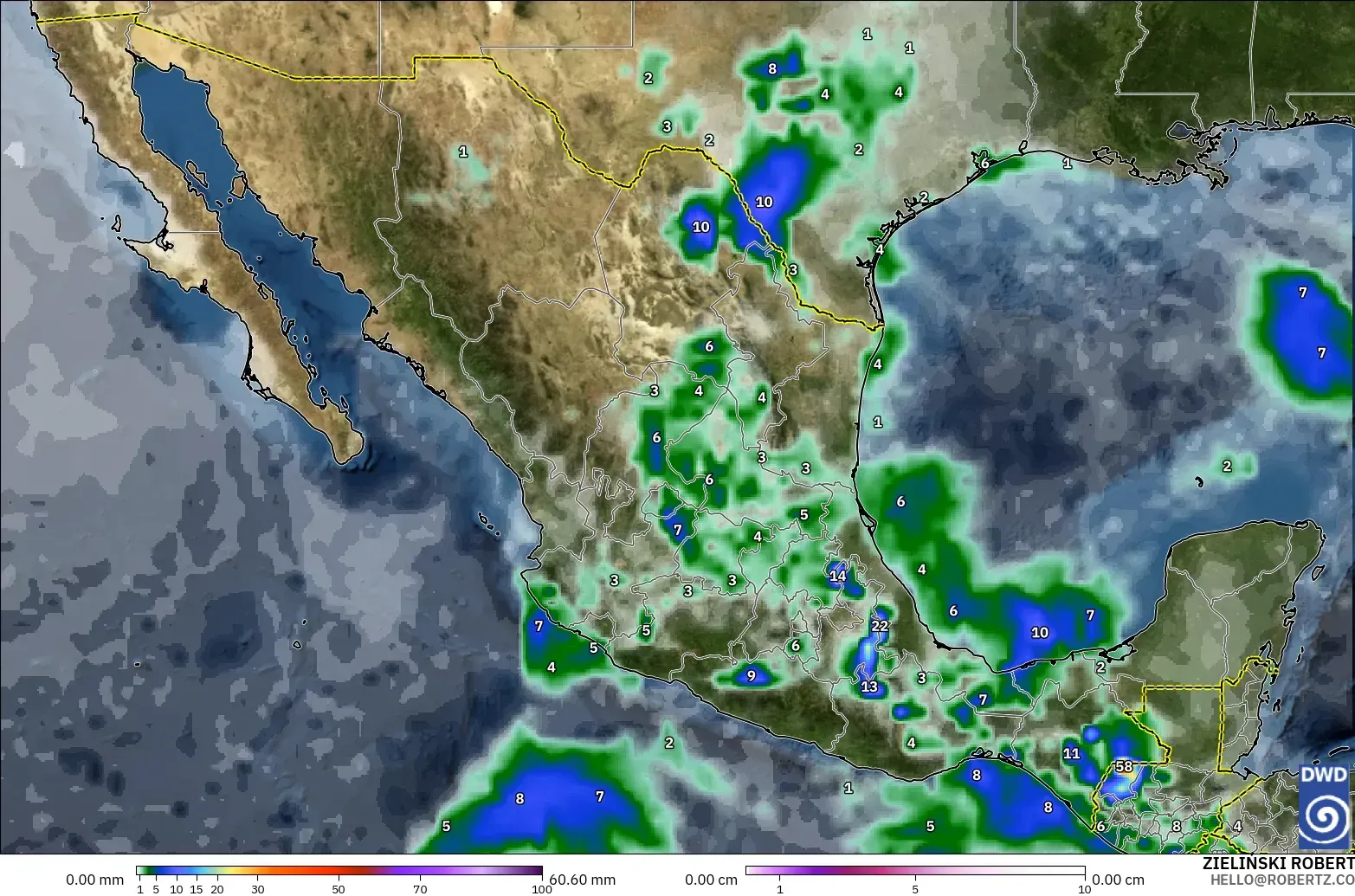 ICON modelo - México, Precipitación, nubes y presión