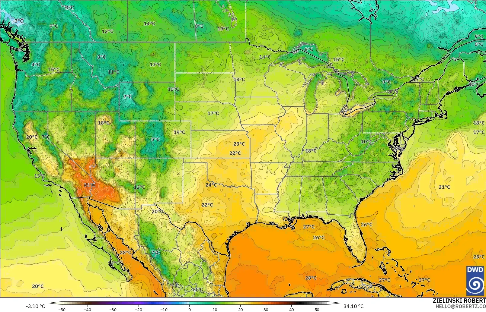 ICON modelo - Estados Unidos, Temperatura a 2 m