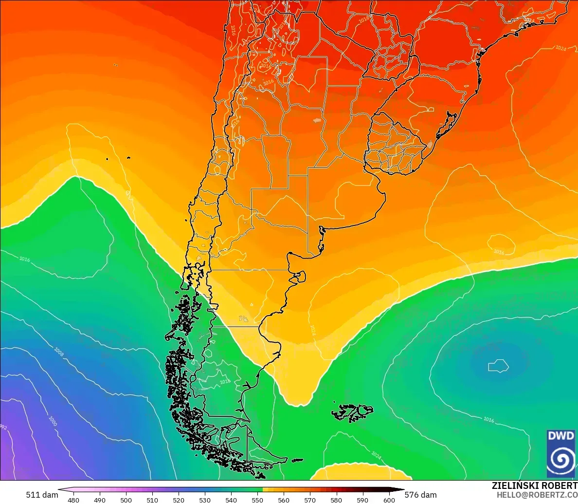 ICON modelo - Argentina, Altura geopotencial a 500 hPa