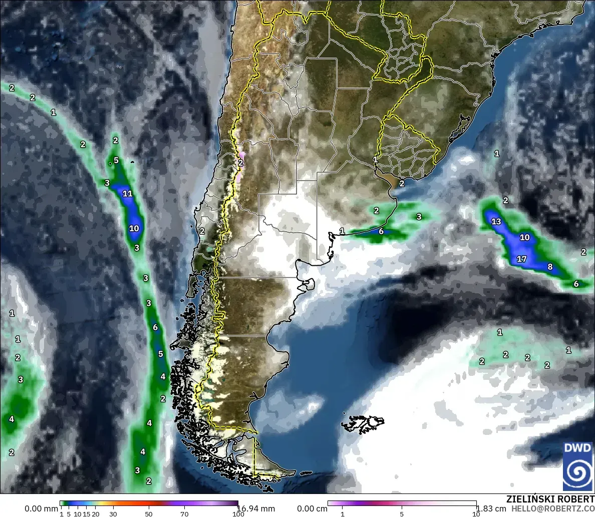 ICON modelo - Argentina, Precipitación, nubes y presión