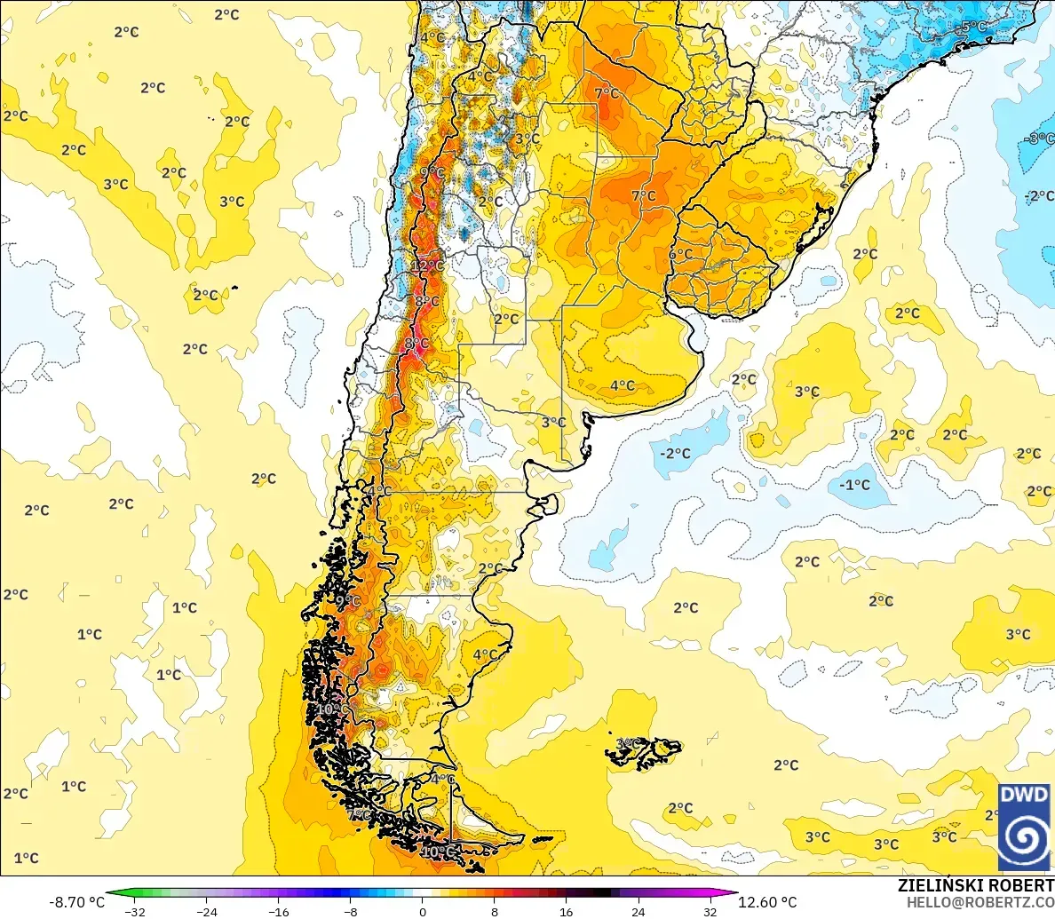 ICON modelo - Argentina, Anomalía de temperatura a 2 m