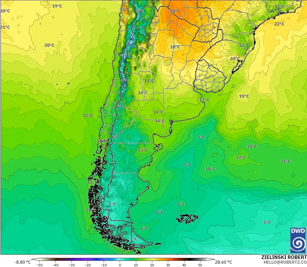 ICON modelo - Argentina, Temperatura a 2 m