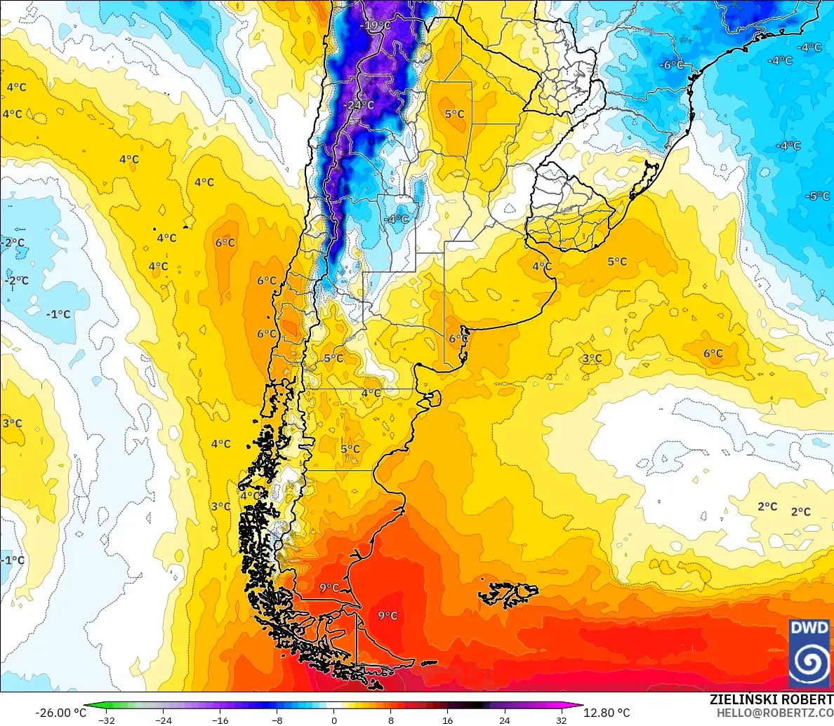 ICON modelo - Argentina, Anomalía de temperatura a 850 hPa
