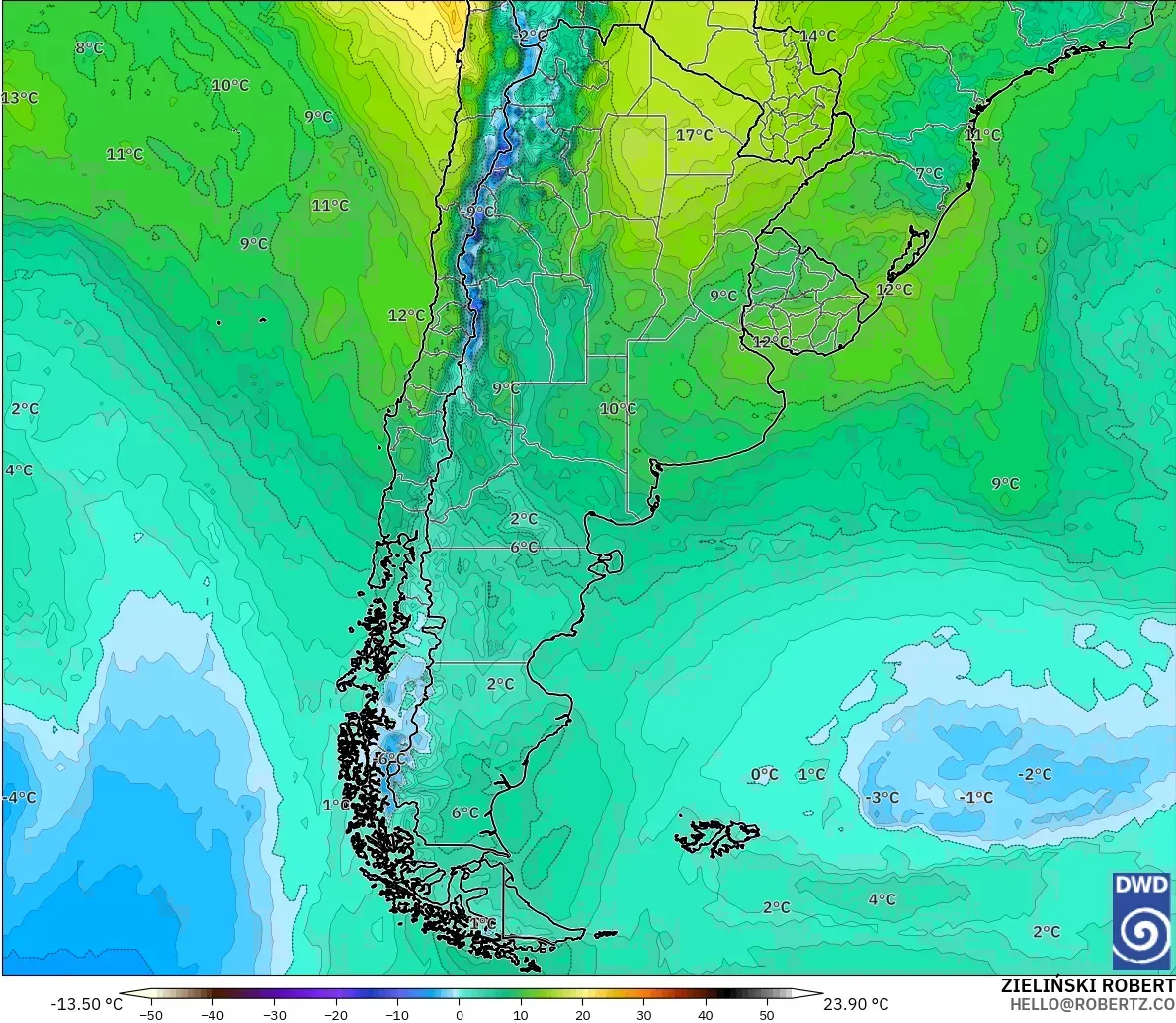 ICON modelo - Argentina, Temperatura a 850 hPa