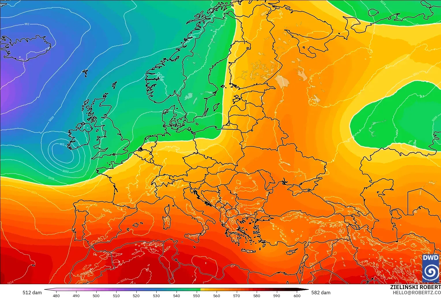 ICON modelo - Europa, Altura geopotencial a 500 hPa