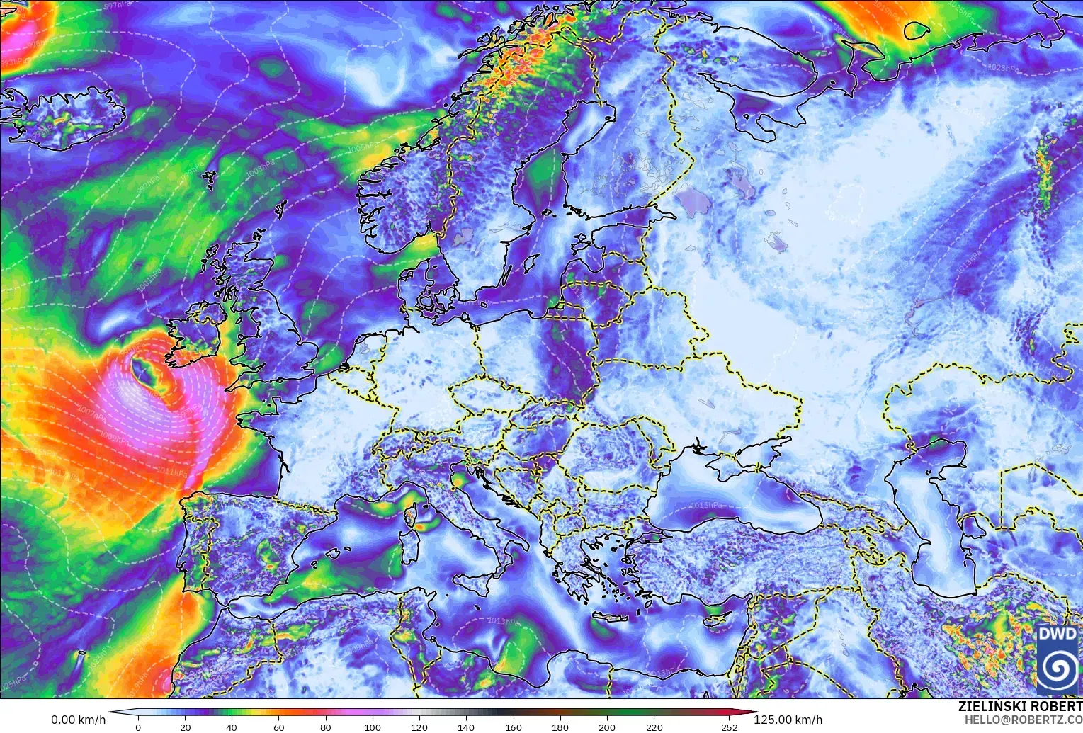 ICON modelo - Europa, Ráfagas de viento