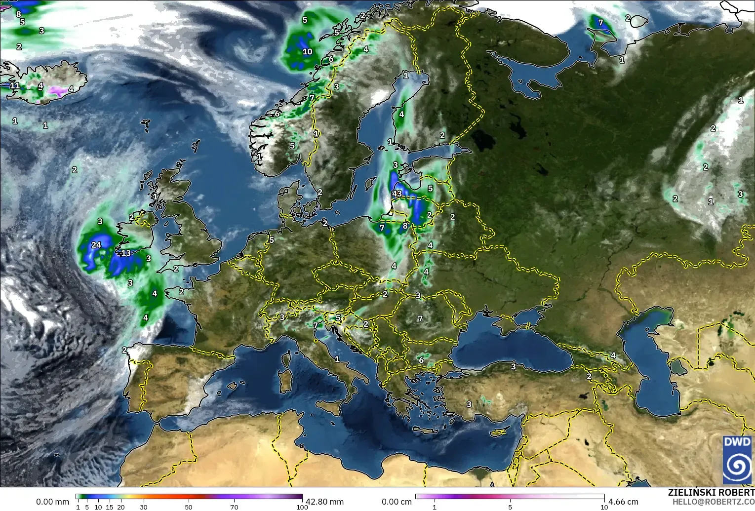 ICON modelo - Europa, Precipitación, nubes y presión