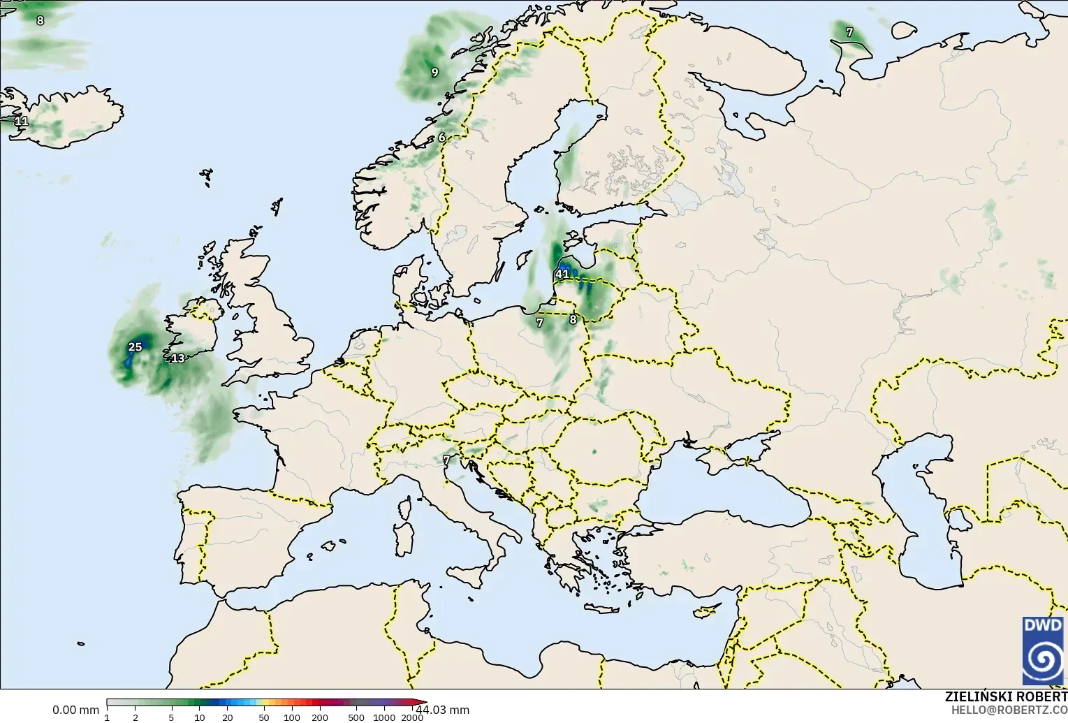 ICON modelo - Europa, Acumulación de precipitación