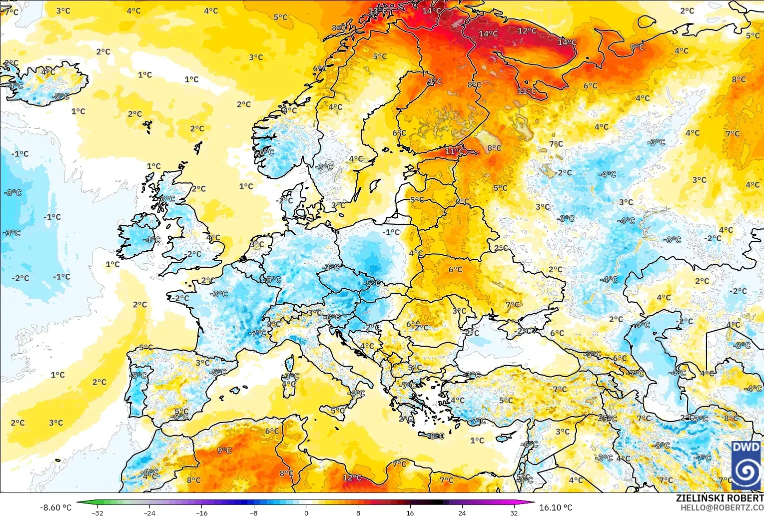 ICON modelo - Europa, Anomalía de temperatura a 2 m