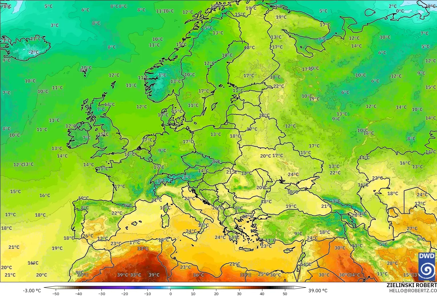 ICON modelo - Europa, Temperatura a 2 m