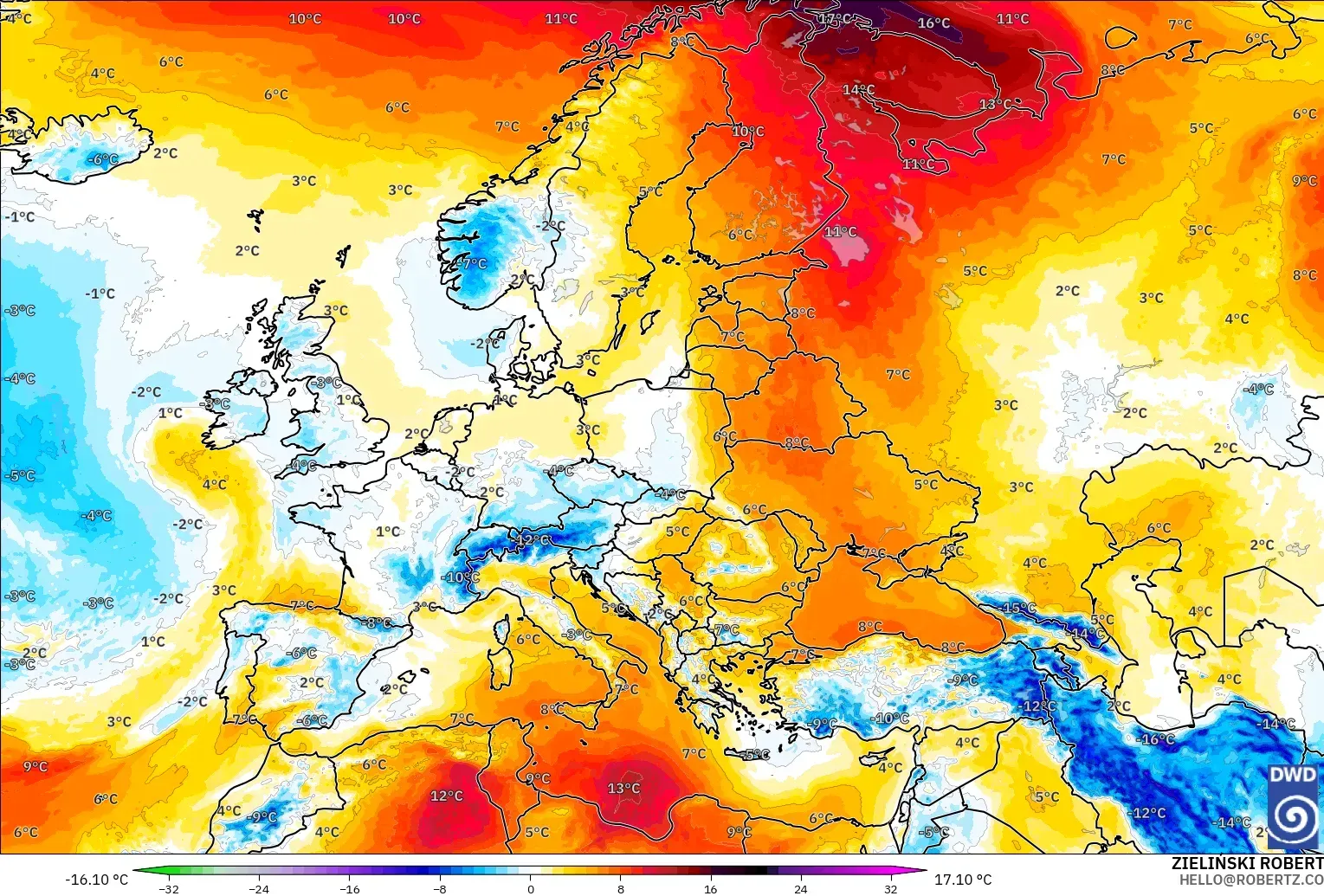 ICON modelo - Europa, Anomalía de temperatura a 850 hPa