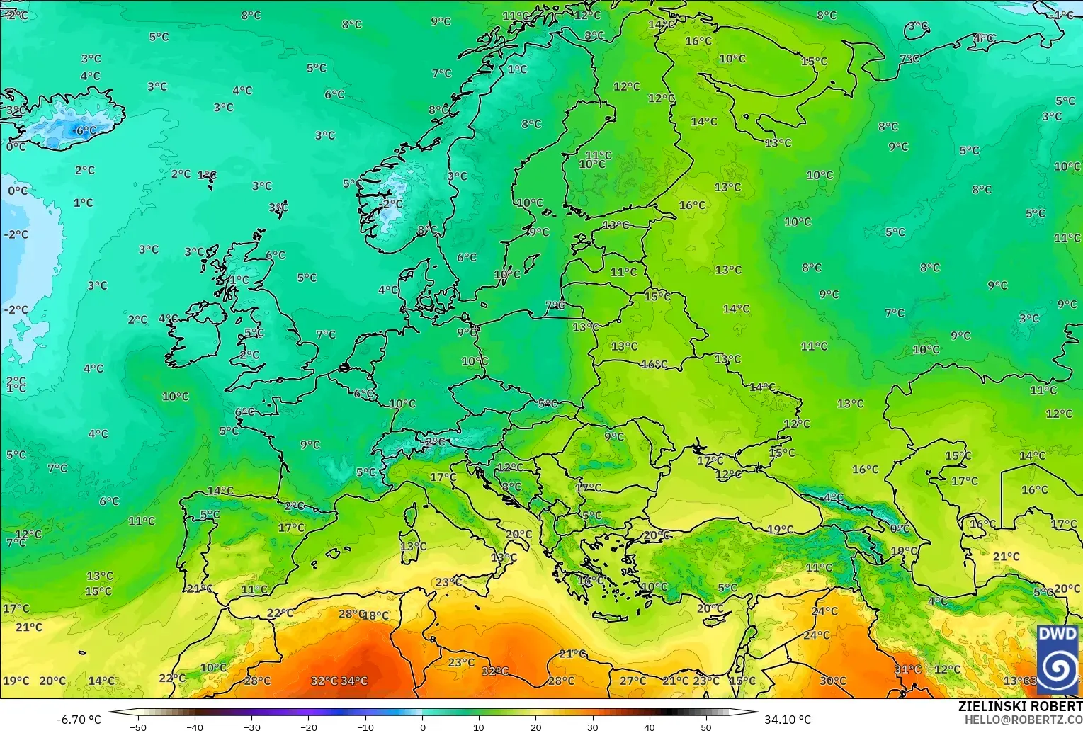 ICON modelo - Europa, Temperatura a 850 hPa