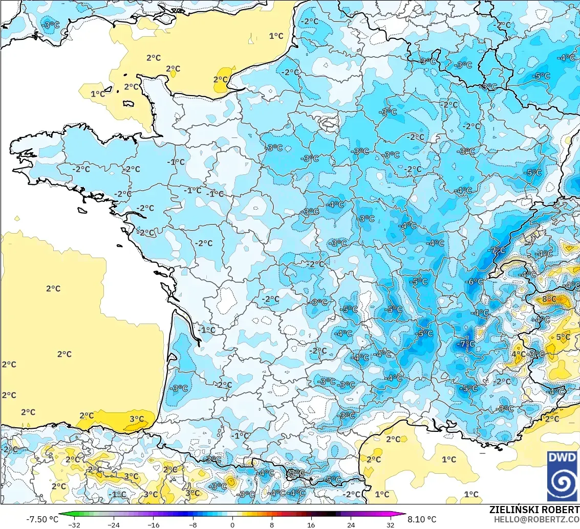 ICON modelo - Francia, Anomalía de temperatura a 2 m