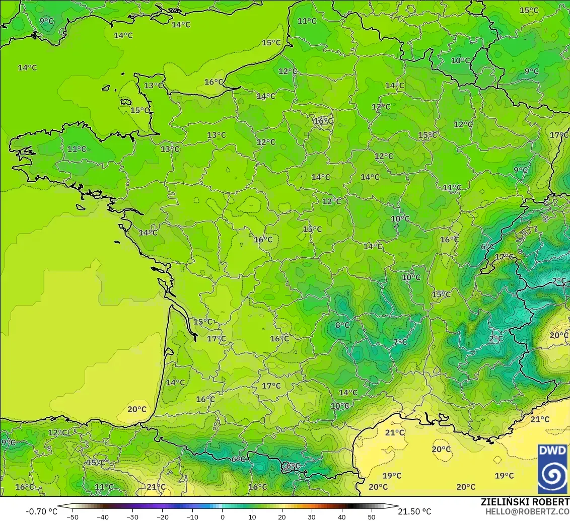 ICON modelo - Francia, Temperatura a 2 m