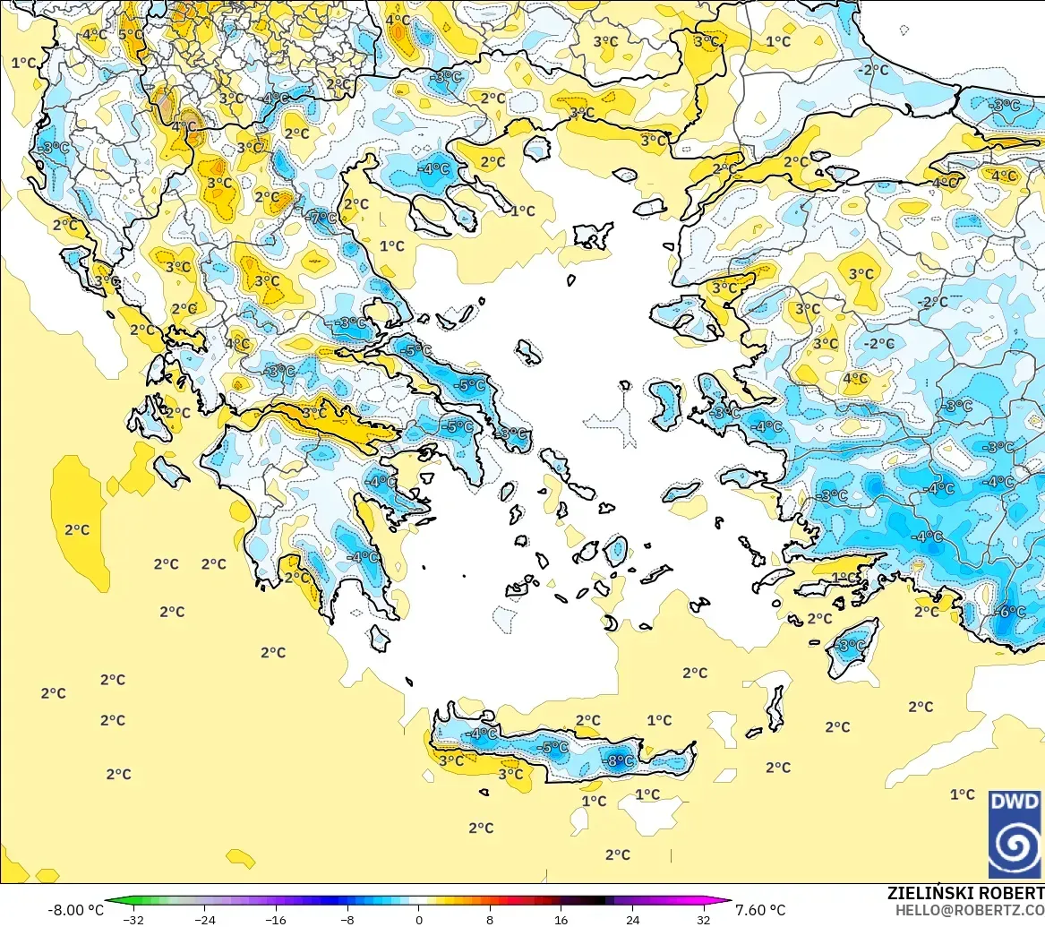 ICON modelo - Grecia, Anomalía de temperatura a 2 m