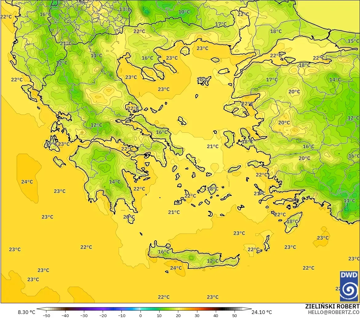 ICON modelo - Grecia, Temperatura a 2 m