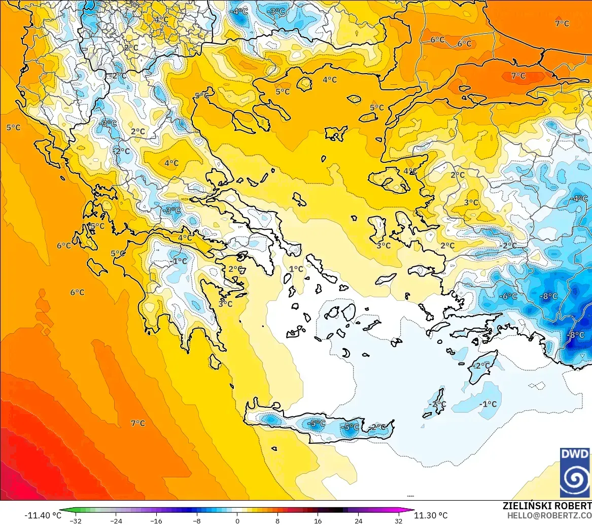 ICON modelo - Grecia, Anomalía de temperatura a 850 hPa