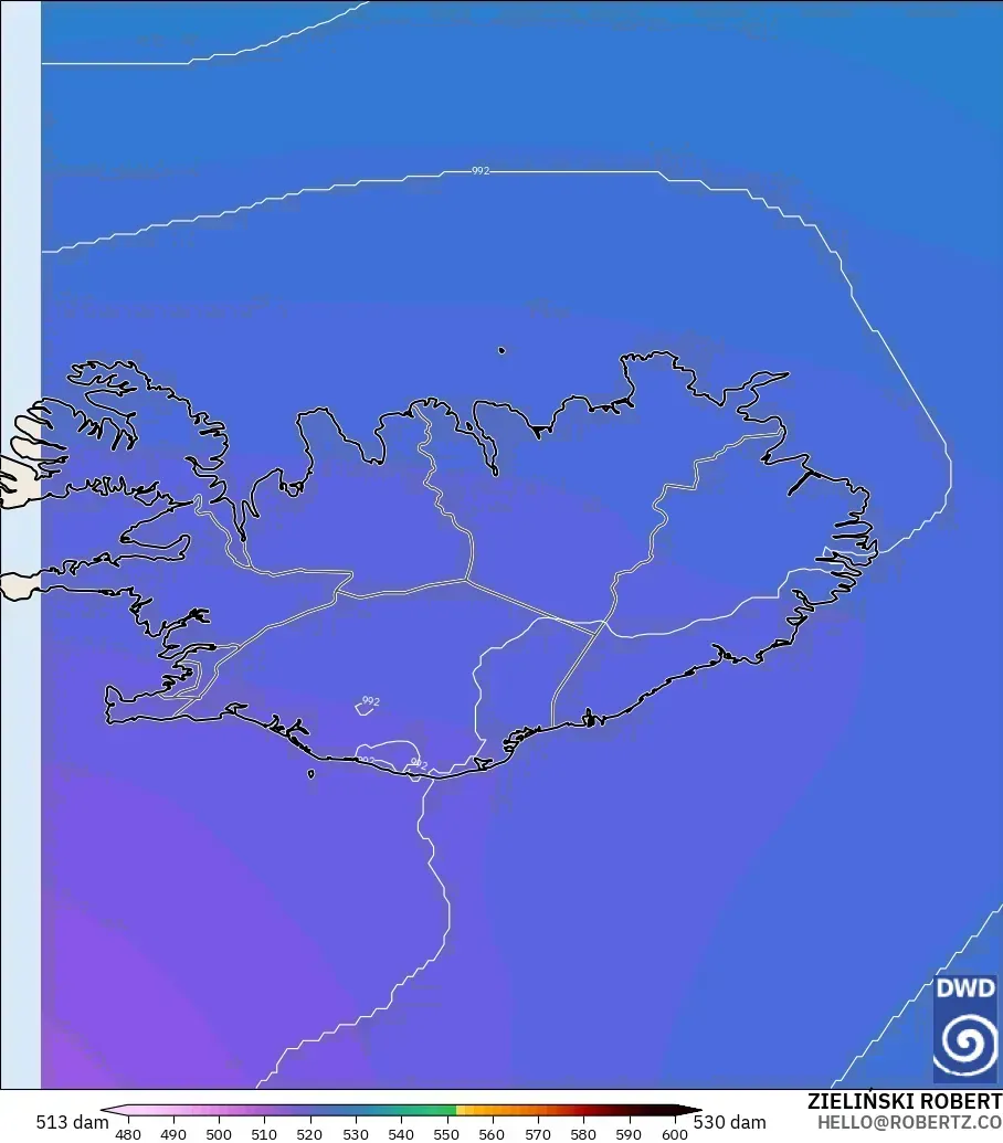 ICON modelo - Islandia, Altura geopotencial a 500 hPa