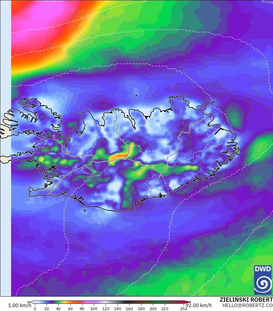 ICON modelo - Islandia, Ráfagas de Viento Máximas